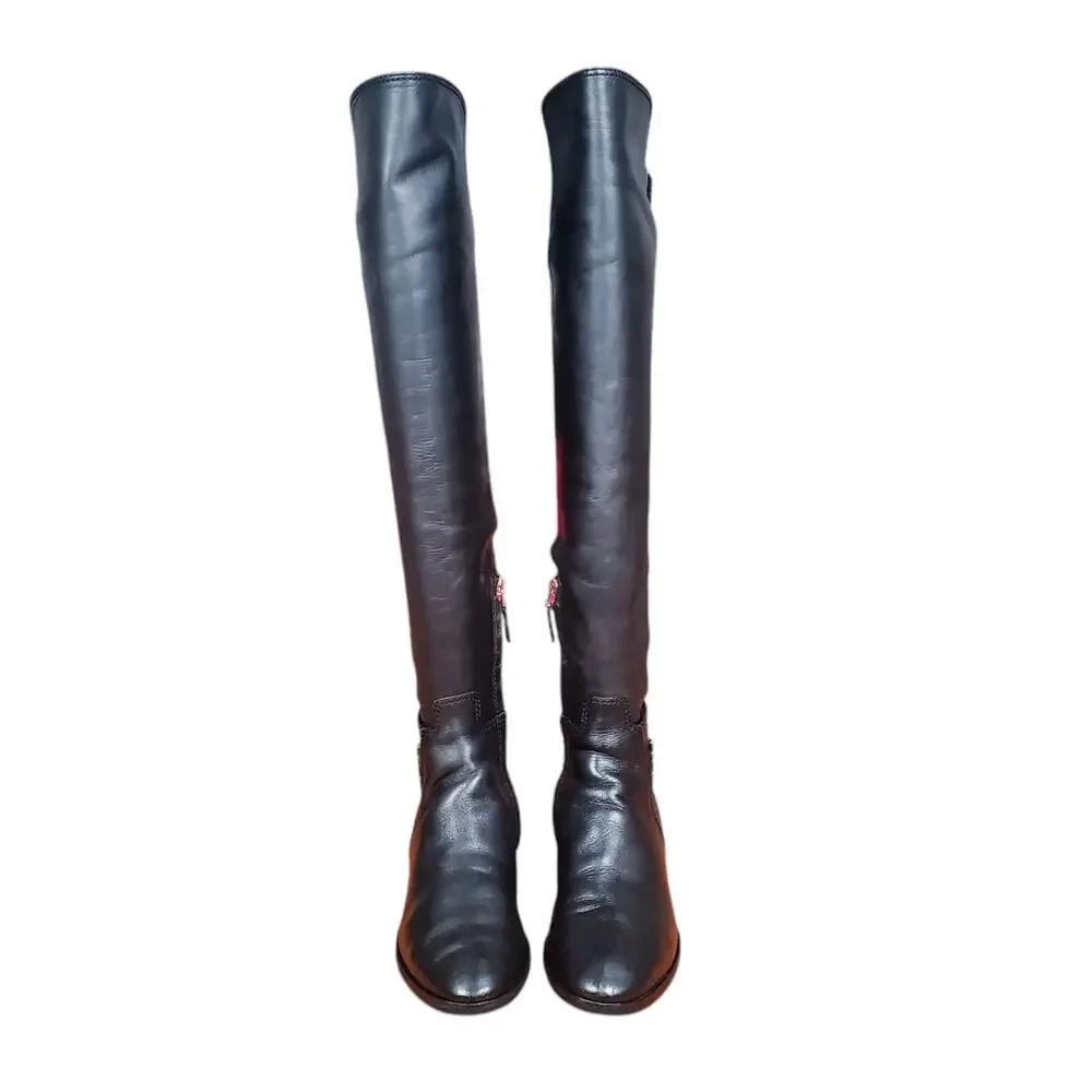 Tory Burch Wyatt Over The Knee Riding Boots Leather Black Logo 40791 Size 7